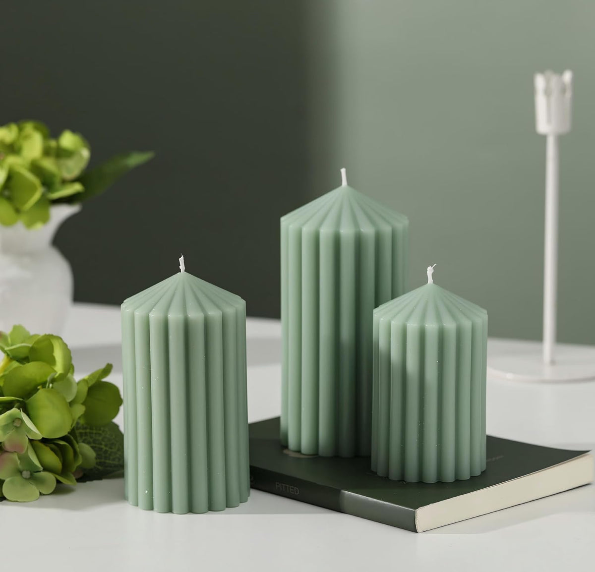 Sage Green Ribbed Pillar Candles 3 Pack, Soy Wax Unscented