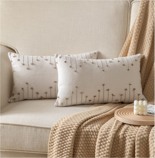 Boho Throw Pillow Covers 12X20 Set of 2 Decorative Pillows. Beige with Tan Line 