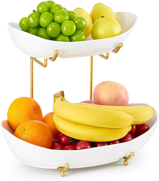 2 Tier Fruit Bowl, Ceramic Fruit Basket for Kitchen Counter with Metal Stand, Modern, Gold White, Large