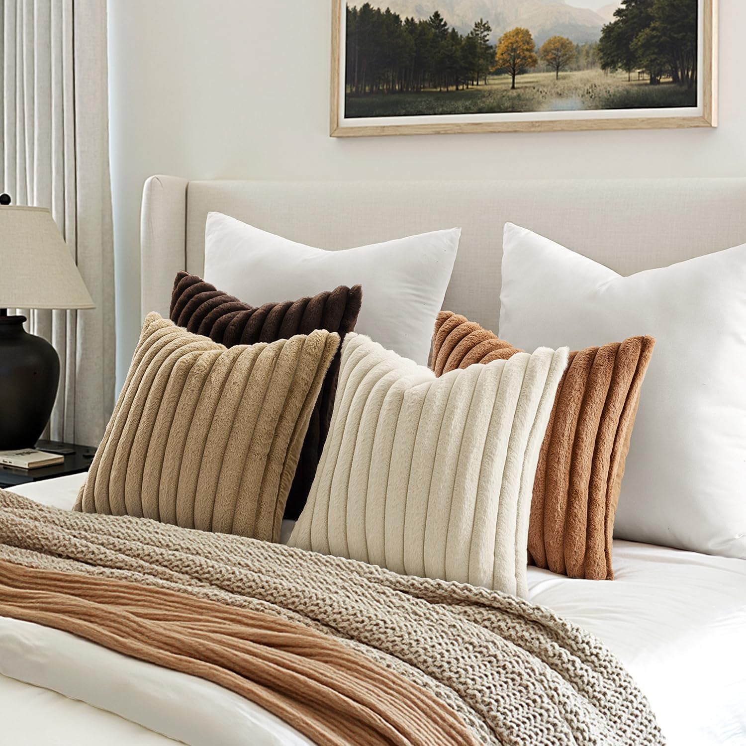 Faux Fur Plush Decorative Throw Pillow Covers 18X18 Set of 4,Brown