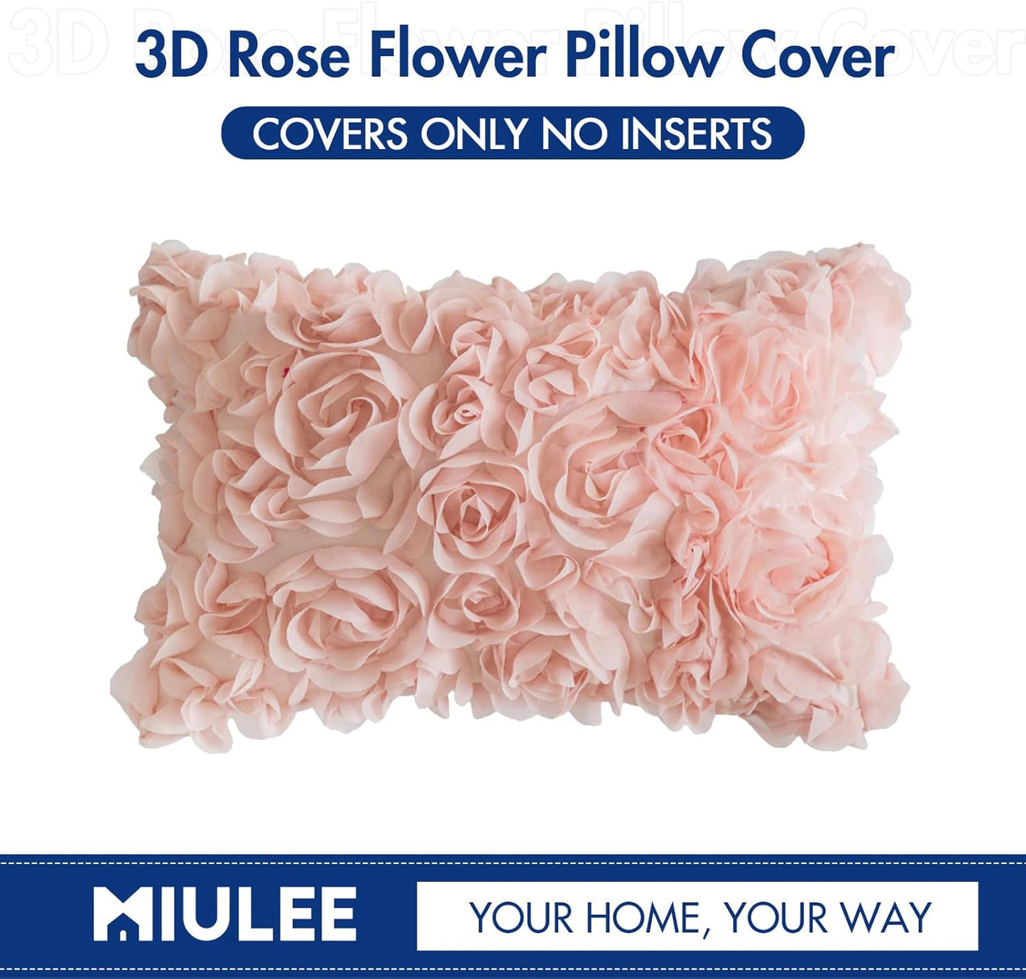 3D Decorative Romantic Rose Flower Throw Pillow Cover Solid 12X20 Inch Peach Pink