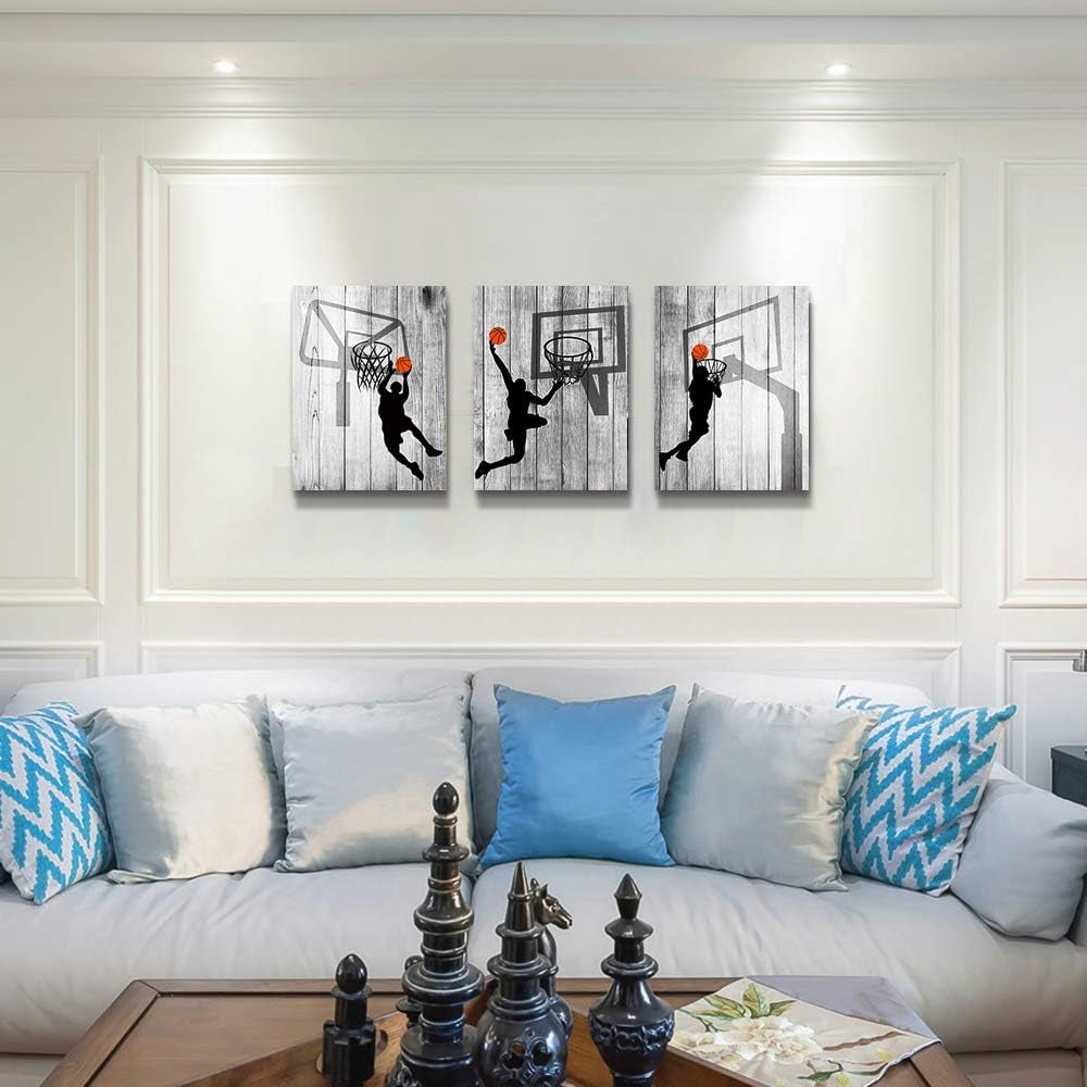 Black and White Canvas Wall Art for Bedroom, Basketball Sport Painting 12" X 16"3 Piece Modern Framed