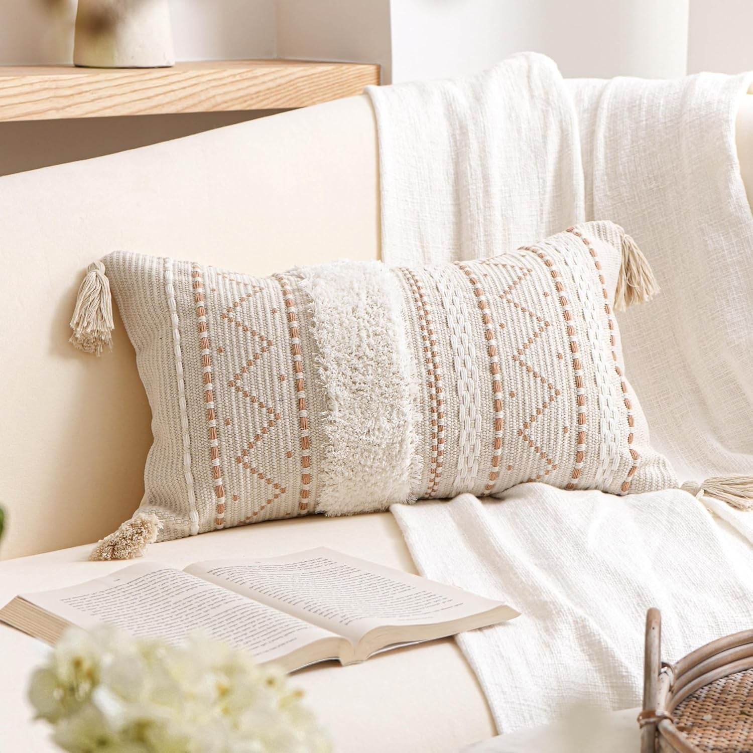 Decorative Lumbar Throw Pillow Cover 12X20 Cream Neutral White 