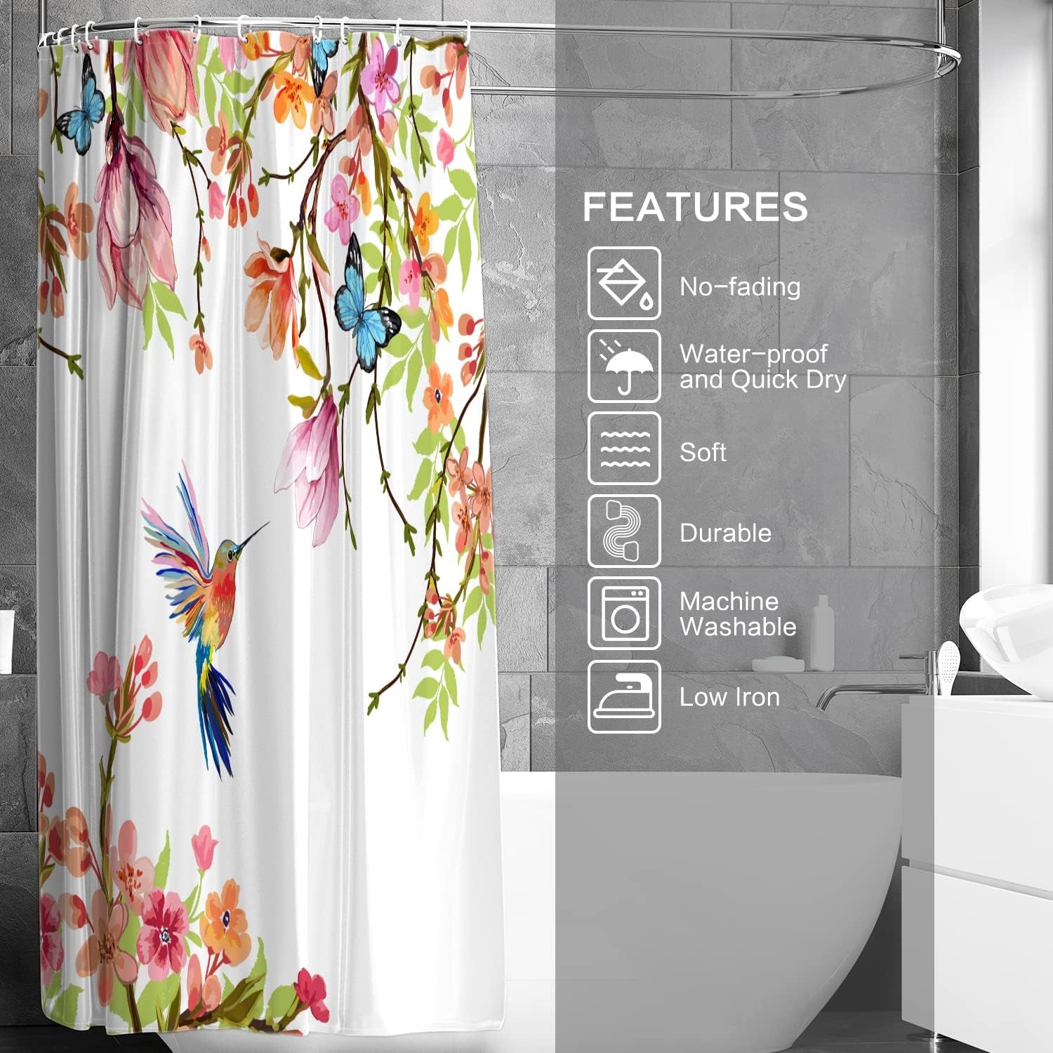 Watercolor Hummingbird Floral Shower Curtain, Spring Pink Peach Blossom Butterfly Bird, Waterproof Polyester Fabric with Hooks, 72 X 72 Inches