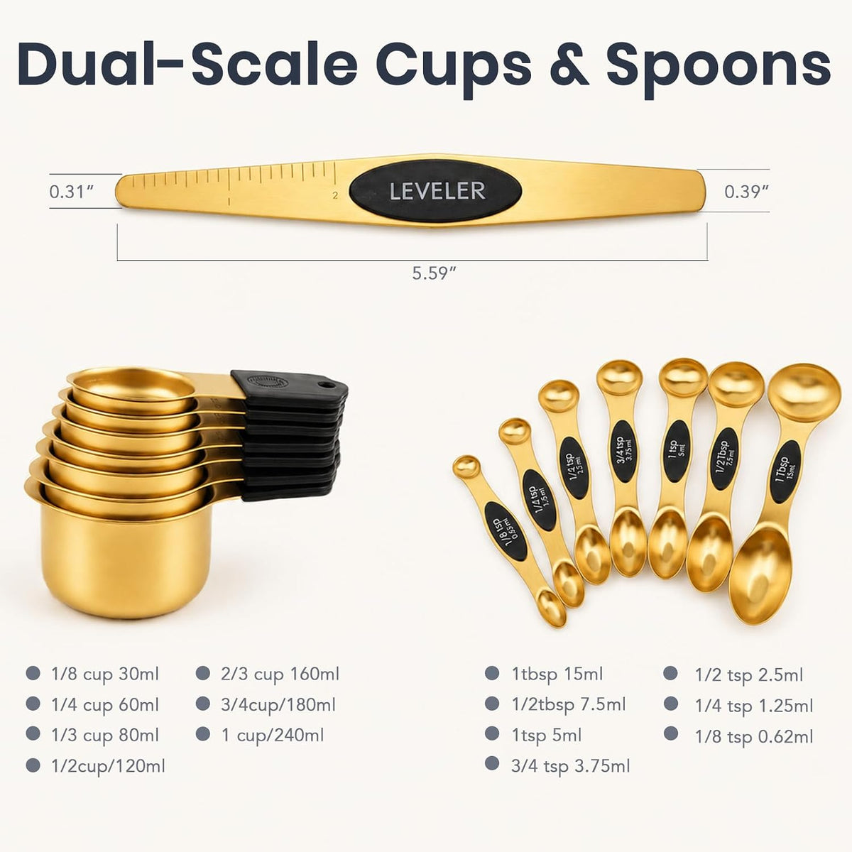 15-Piece Gold Magnetic Measuring Cups and Spoons with Leveler, Dual Scale