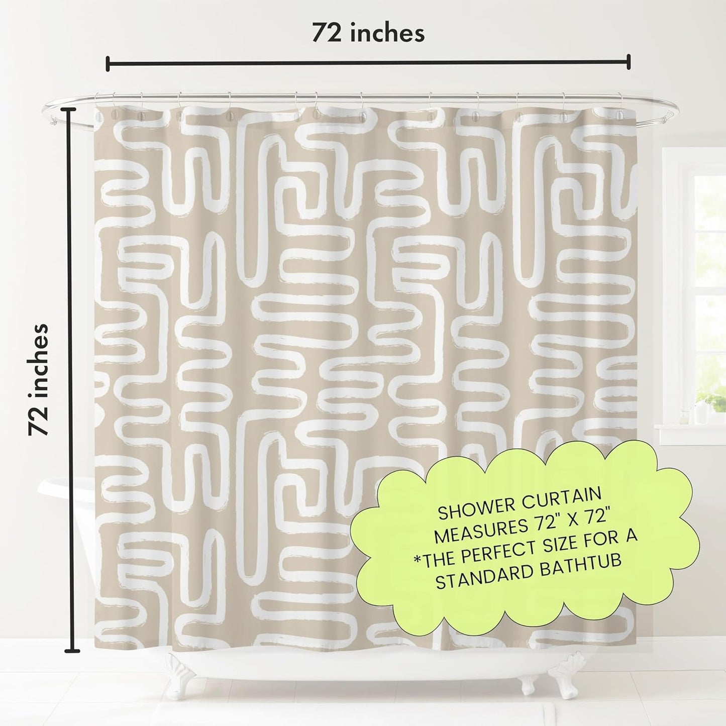 Linen Beige White Abstract Print Shower Curtain - Boho Pattern - Modern Minimalist Home Decor - Neutral Scandi Style, 72X72 Inches (Linen Lines)