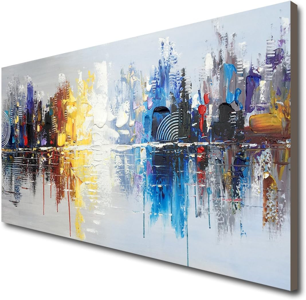 Hand-Painted Textured City Oil Painting on Canvas Reflection Abstract Cityscape Wall Art for Decor