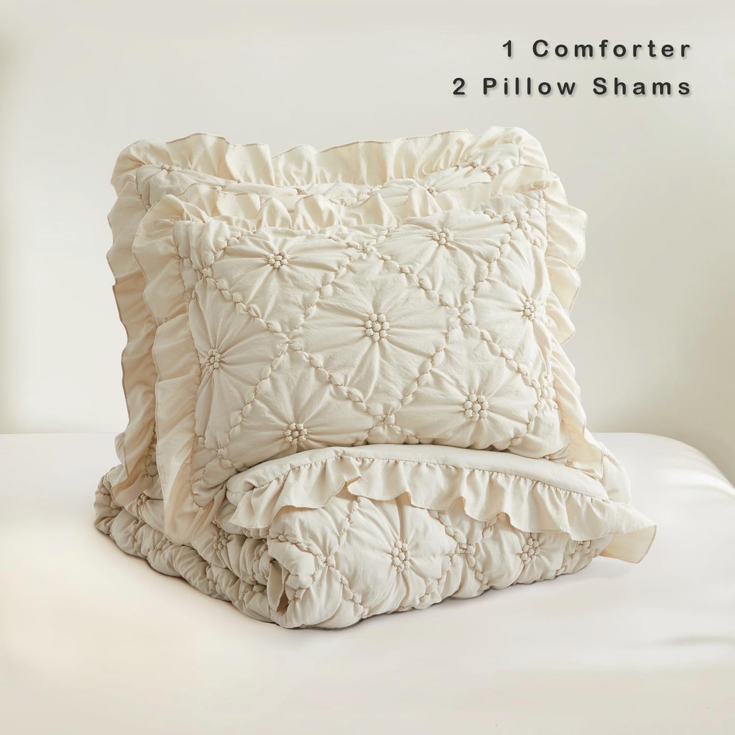 Comforter Set King Size, 3 Pieces Bed, Boho Down-with Ruffled Shams, Beige (102"*88")