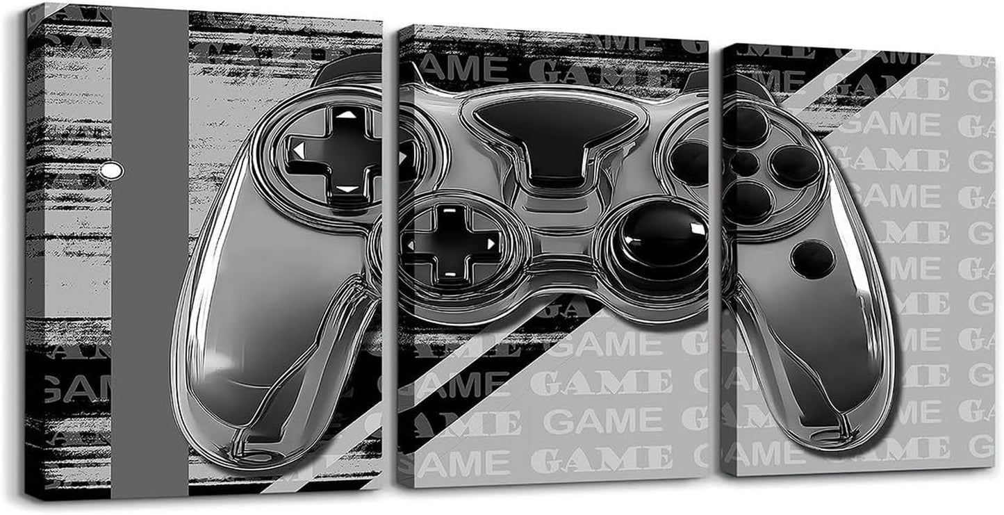 Gamer Canvas Wall Art 12" X 16" 3 Piece Game Controller Wall Artwork Posters for Teens Adults Grey and Black Wall Painting