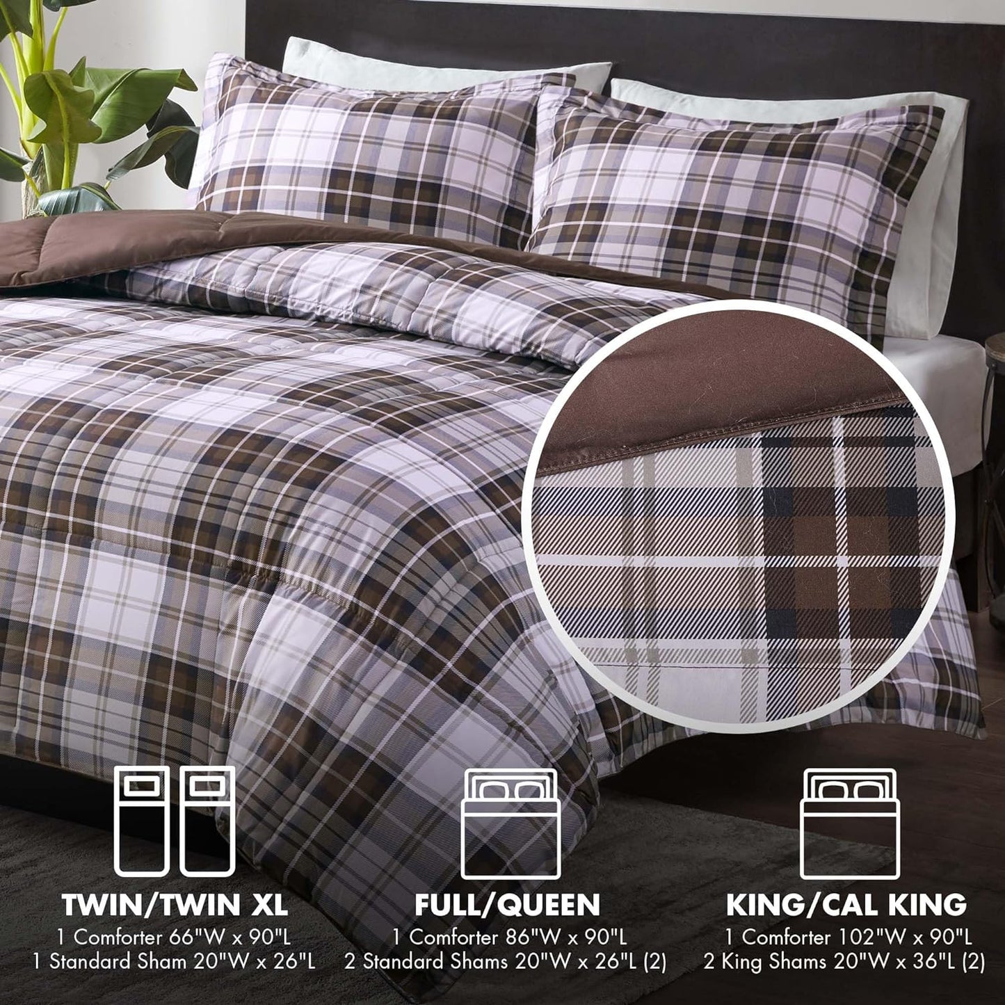 Essentials Parkston Plaid Comforter Set, Full/Queen, Brown, 3 Piece