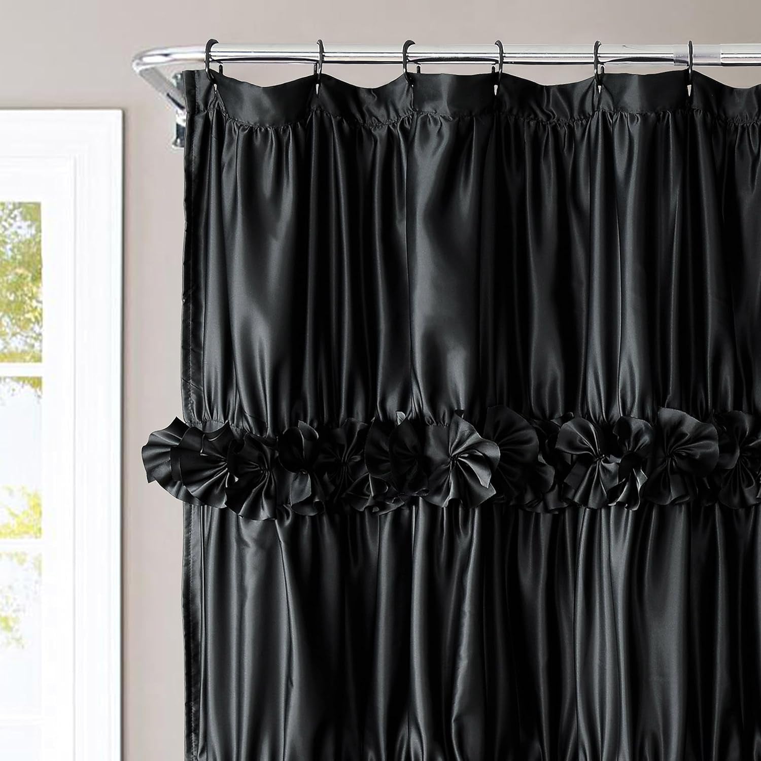 Black Ruffle Shower Curtain, Vintage Handcrafted Satin Curtain with 12 Buttonholes, 72" W X 72" H (LQ-10)