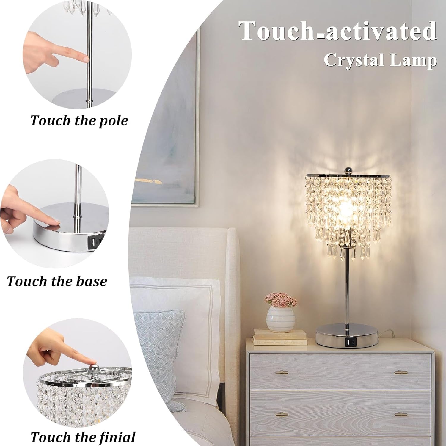 Elegant Crystal Side Table Lamp with USB C+A Charging Ports, B11 LED Bulb Included