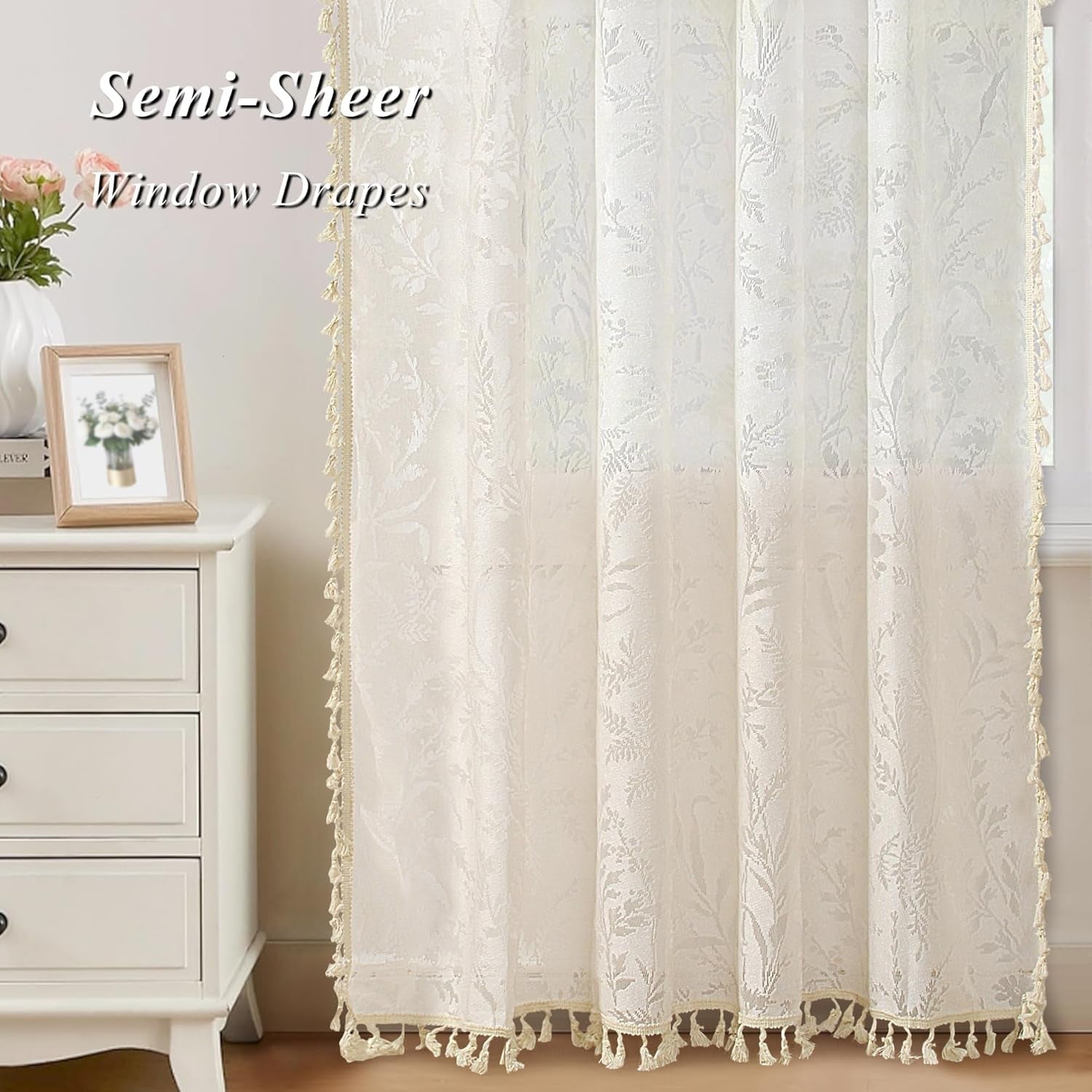 Boho Lace Curtains 84 Inch Length 2 Panels Beige Sheer Floral Leaf with Tassels, Semi Blackout Privacy Curtains 52"X84"
