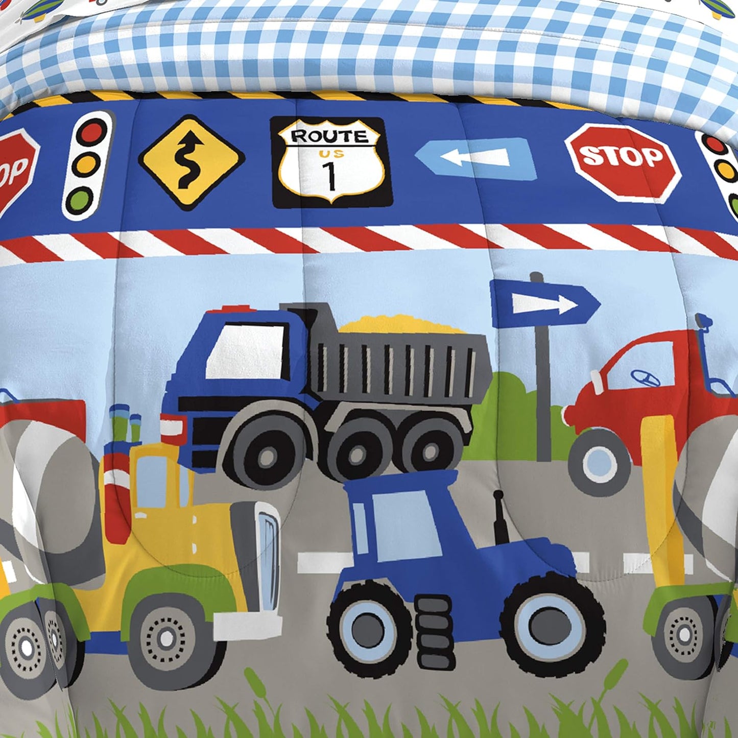 Trucks Tractors Cars Boys 5-Piece Bedding Kids Construction Comforter Sheet Set, Twin Blue Red Multi