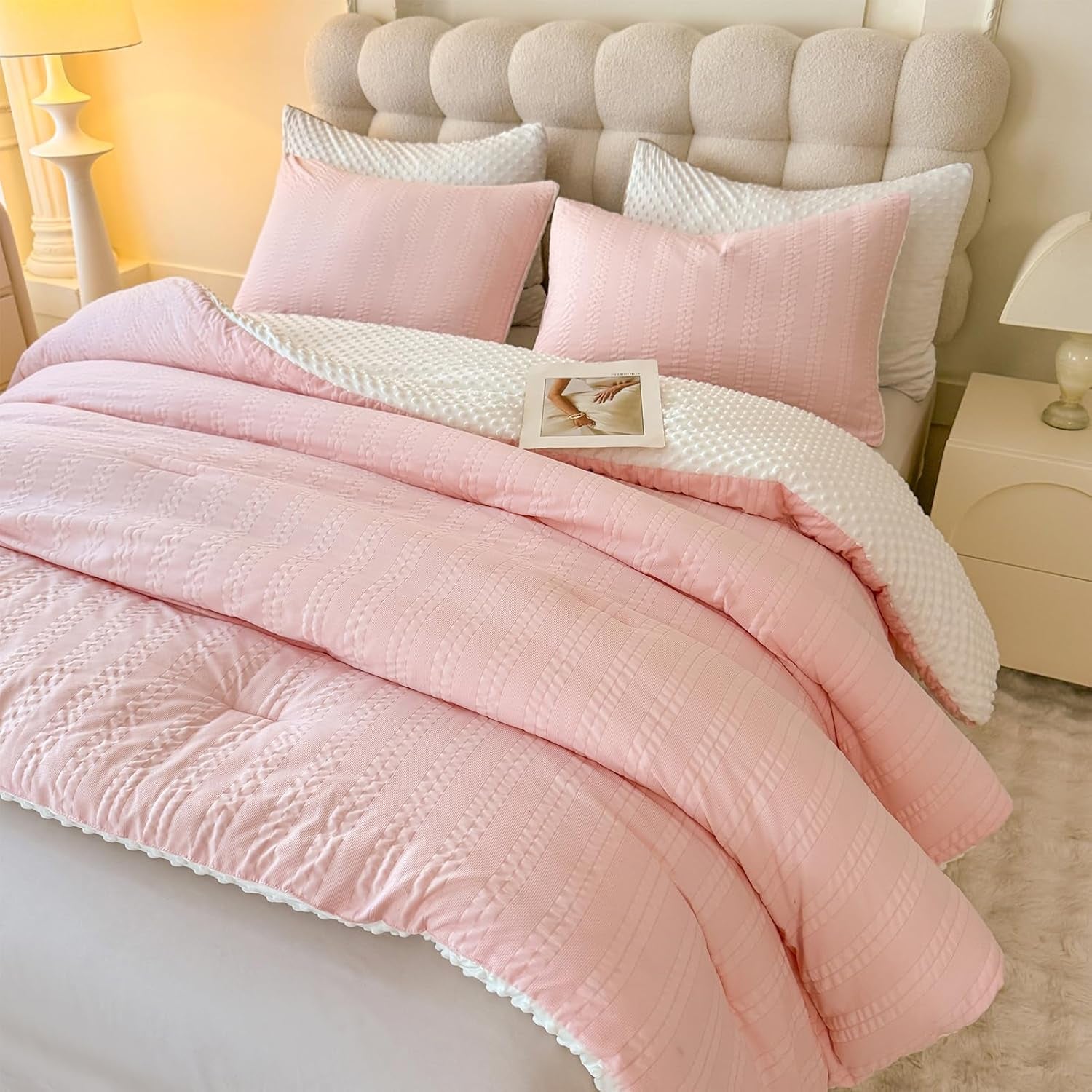 Boho Comforter Set, Full Size Striped Pleats Bohemian Seersucker Bedding Set, All Season Soft Cozy 3 Pieces Quilt with 2 Pillowcases(80"X90" Blush Pink)