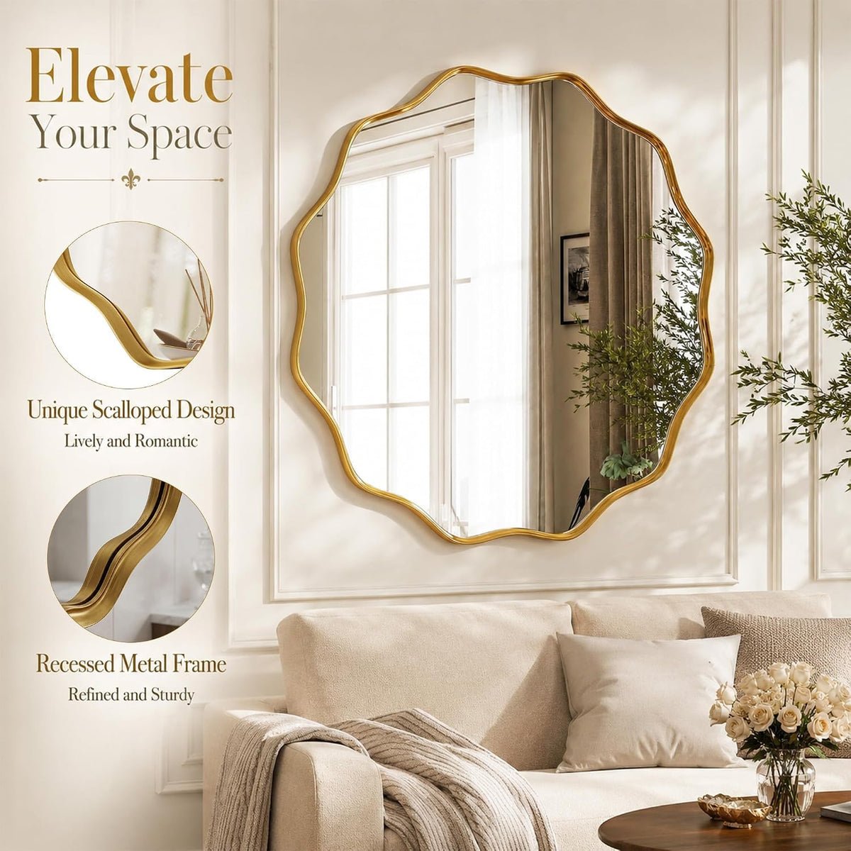 Gold Scalloped Circle Mirror, 24" Wavy Edge round Wall Mirror