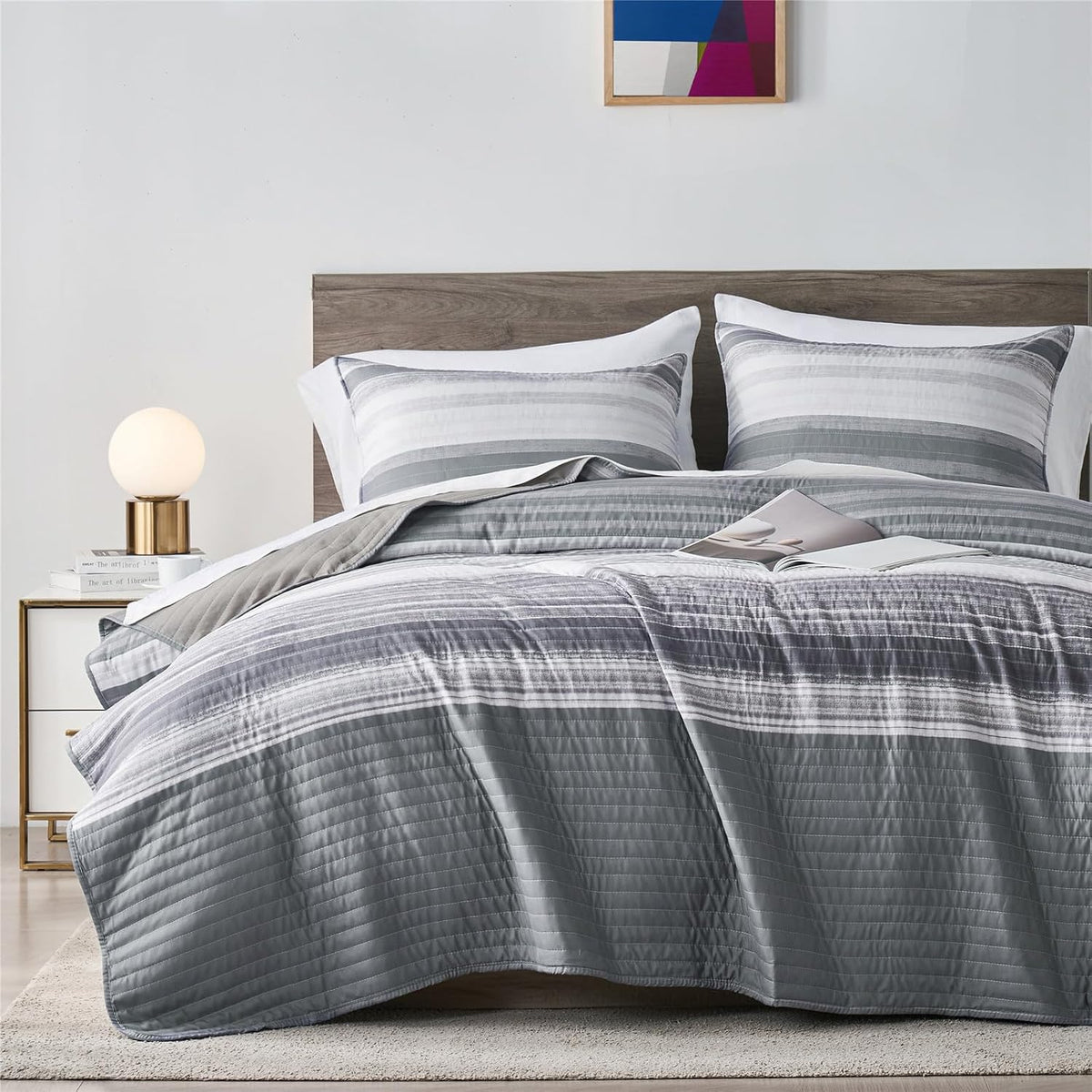 Striped King/Cal King Quilt Bedding Set, Soft Coverlet, Light Grey