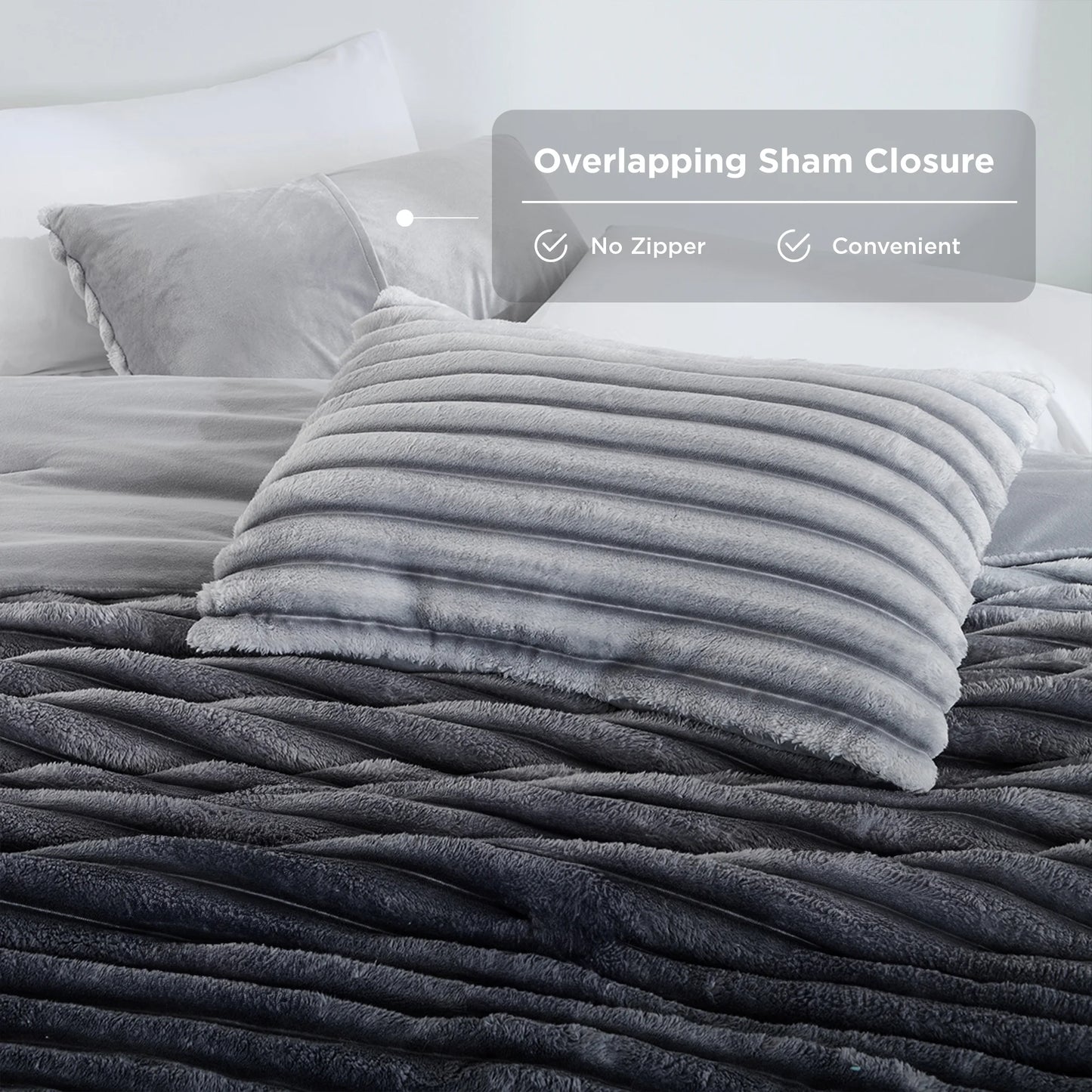 Full/Queen Size Comforter Set, Fluffy Ribbed Plush Comforter Set, 3-Piece Bedding Set, Grey Ombre