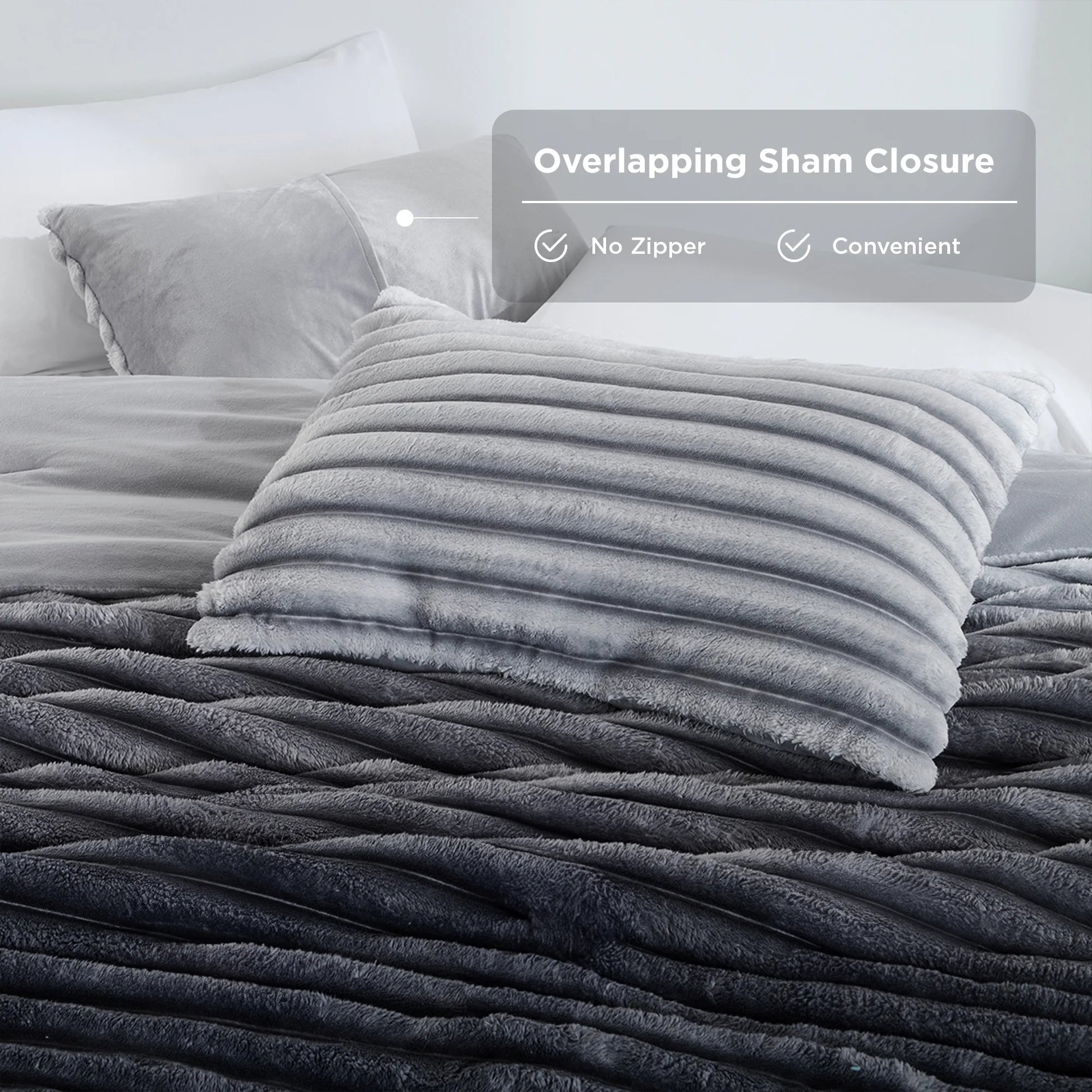 Full/Queen Size Comforter Set, Fluffy Ribbed Plush Comforter Set, 3-Piece Bedding Set, Grey Ombre