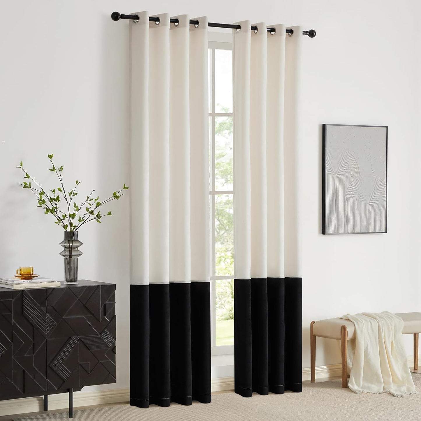 Modern Cream White Black Decorative Velvet Curtains 84 Inches 2 Panels
