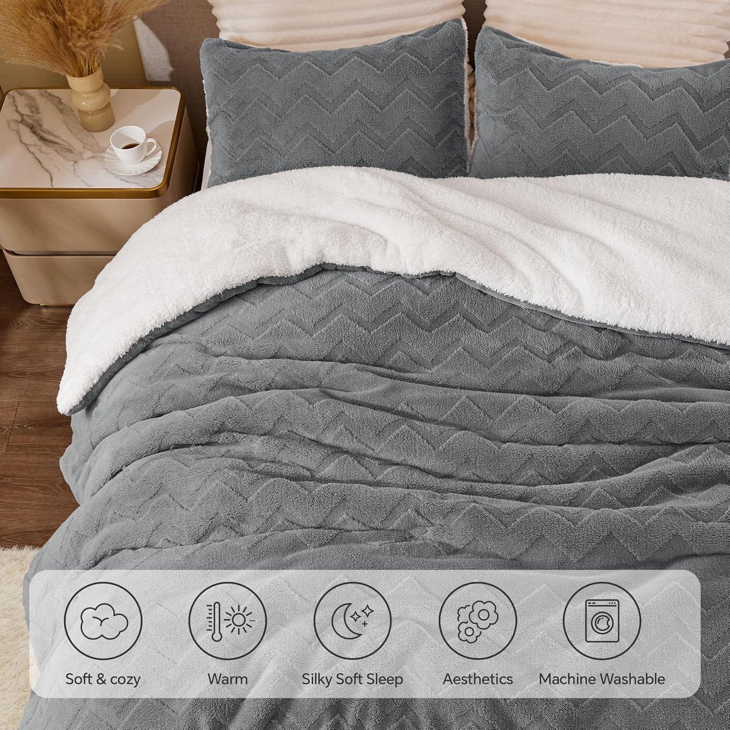 Fluffy Twin Comforter Set - Super Soft Sherpa Grey Comforter for Twin Size Bed, Luxury Warm Bedding Set for Winter, Fuzzy Bed Set 2 Piece (1 Comforter, 1 Pillowcase)