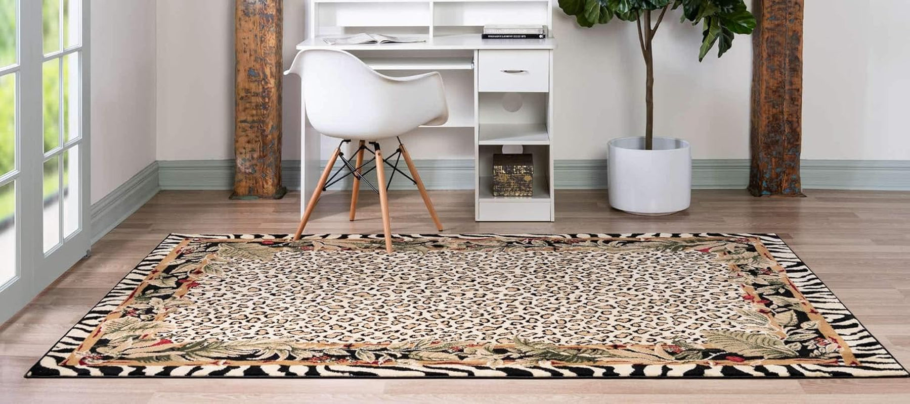 Wildlife Collection Animal Inspired with Cheetah Bordered Design Area Rug, 5 Ft X 8 Ft, Ivory/Black