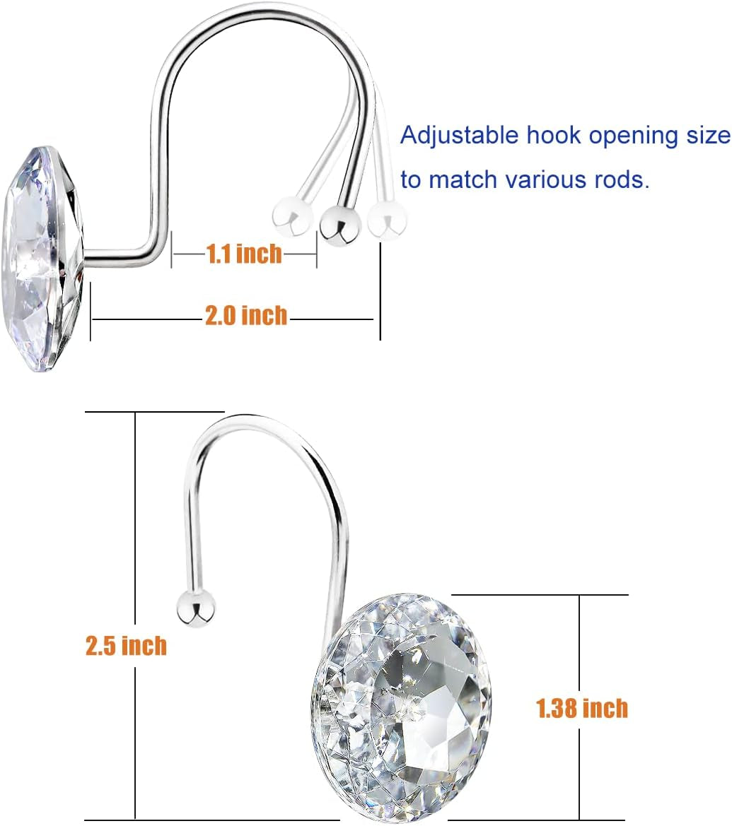 12PCS Shower Curtain Hooks Rings for Bathroom, Stainless Steel Rust Resistant Decorative Rhinestones 