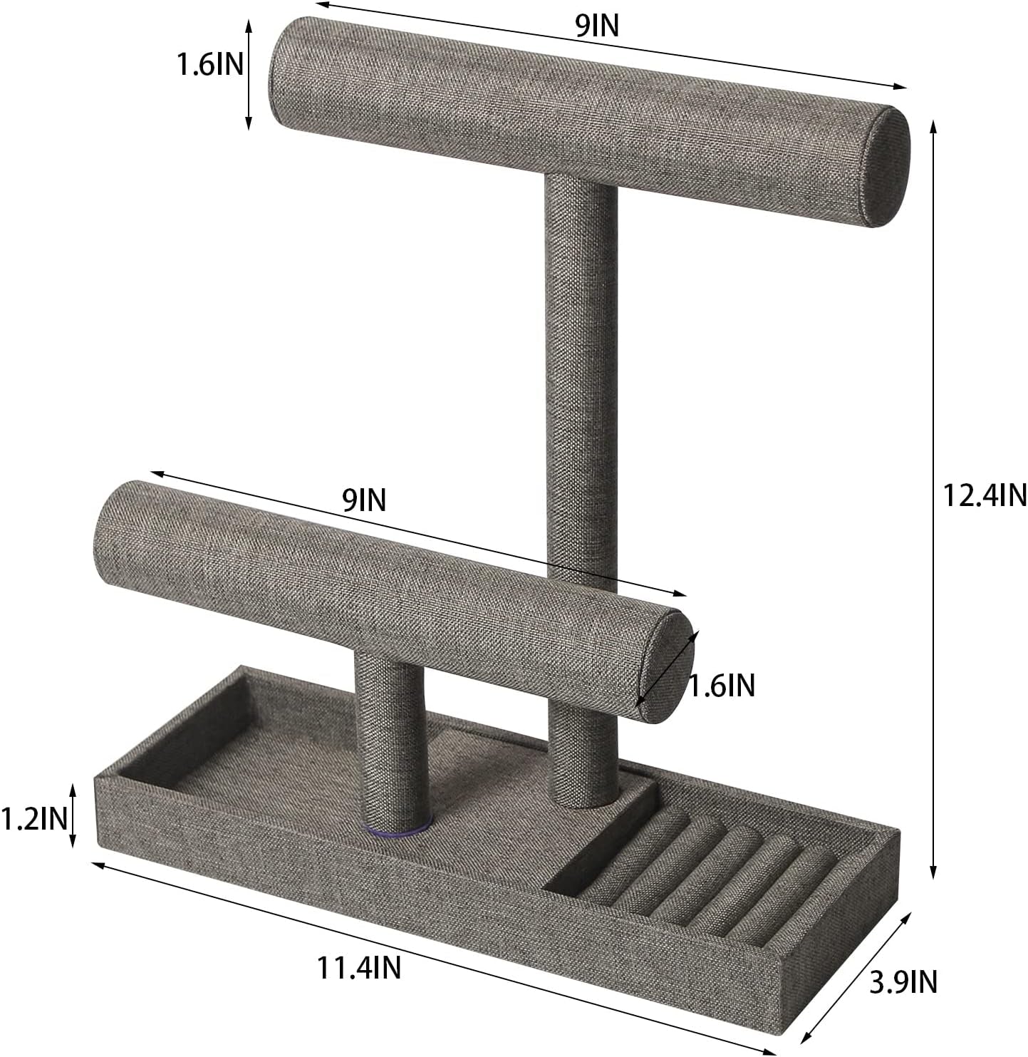 2 Tier Necklace Bracelet Holder Organizer with Ring Tray, (Gray Linen)