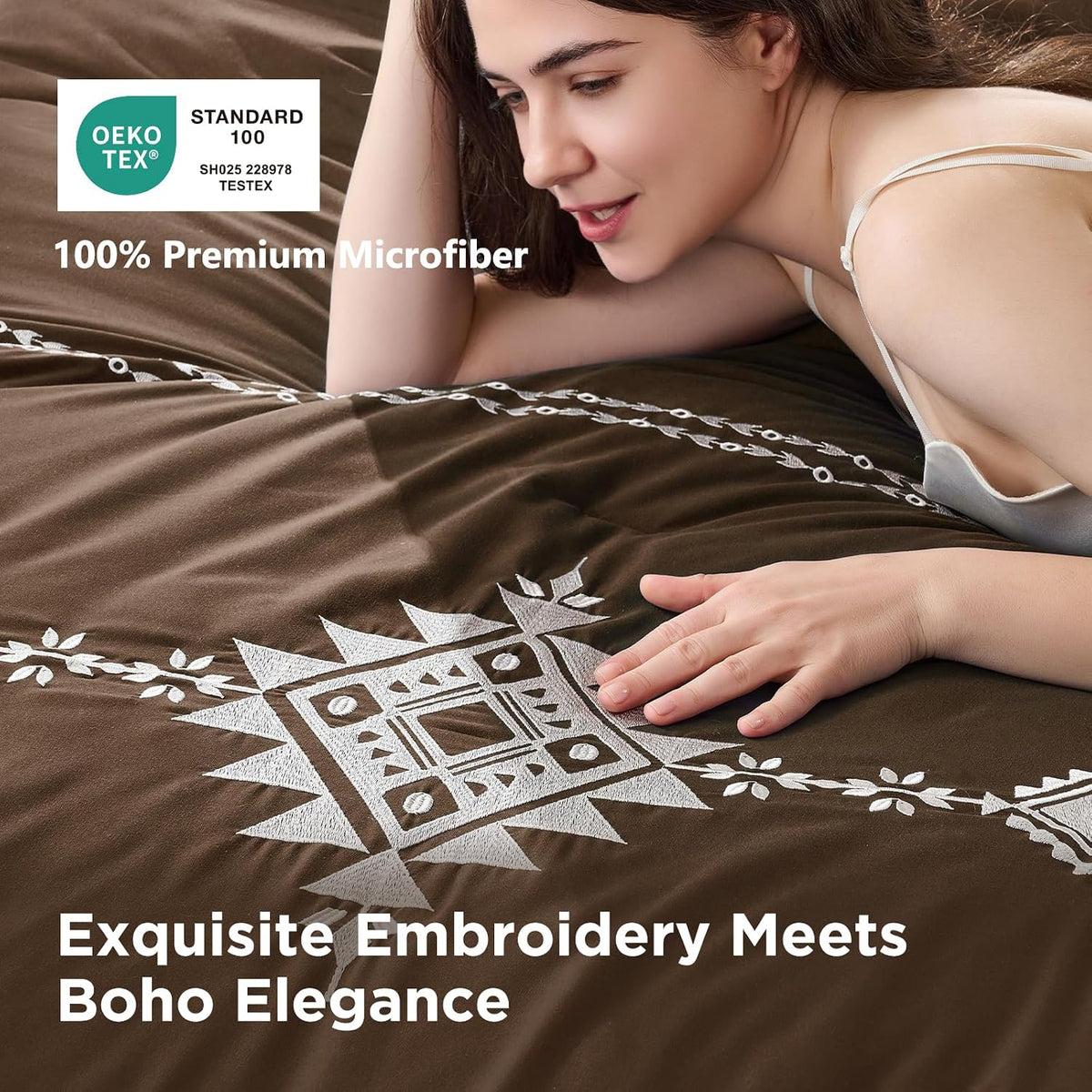Embroidered Comforter Set Queen, 3-Piece Boho Bedding, Brown