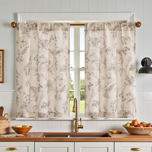 Floral Kitchen Curtains for Windows 36 Inch Farmhouse Country Linen Tier Curtains, Botanic Small Window Drapes, Rod Pocket Rustic 2 Panels Tan on Beige