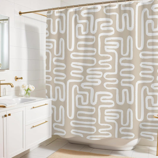 Linen Beige White Abstract Print Shower Curtain - Boho Pattern - Modern Minimalist Home Decor - Neutral Scandi Style, 72X72 Inches (Linen Lines)