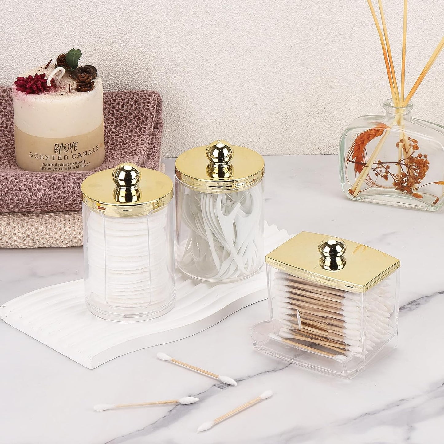3 Pack Dispenser - Bathroom Organizers and Storage Containers, Plastic with Gold Lids, Gold