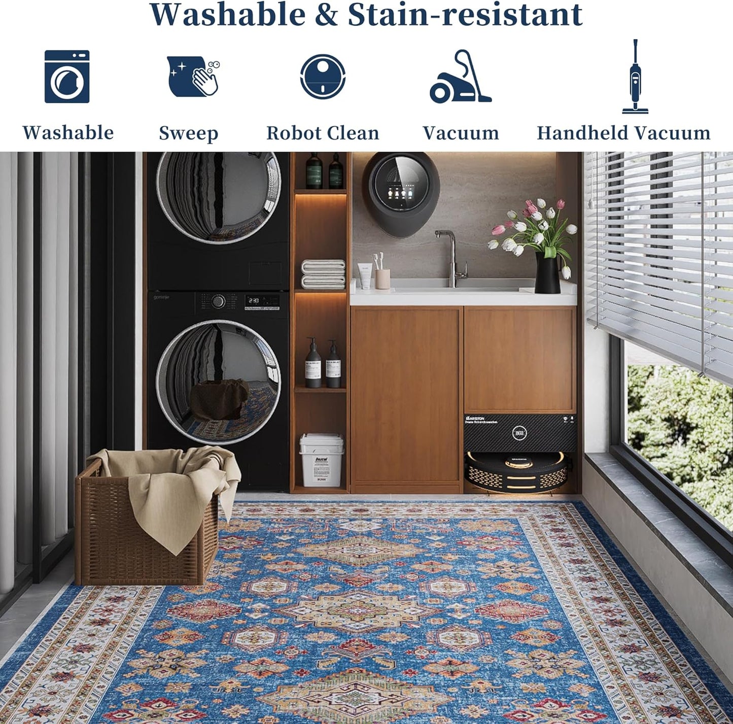 Vintage 8X10 Washable Area Rug, Non-Slip Backing & Durable Edge Binding