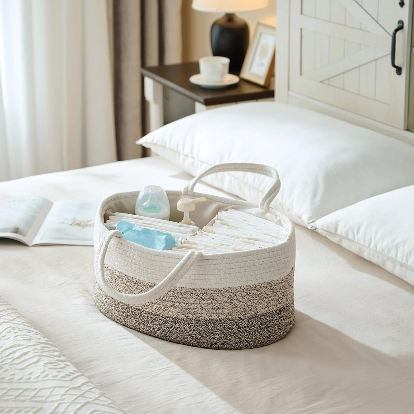 Baby Diaper Caddy Organizer, Large Cotton Rope Nursery Diaper Basket - Gradient Brown