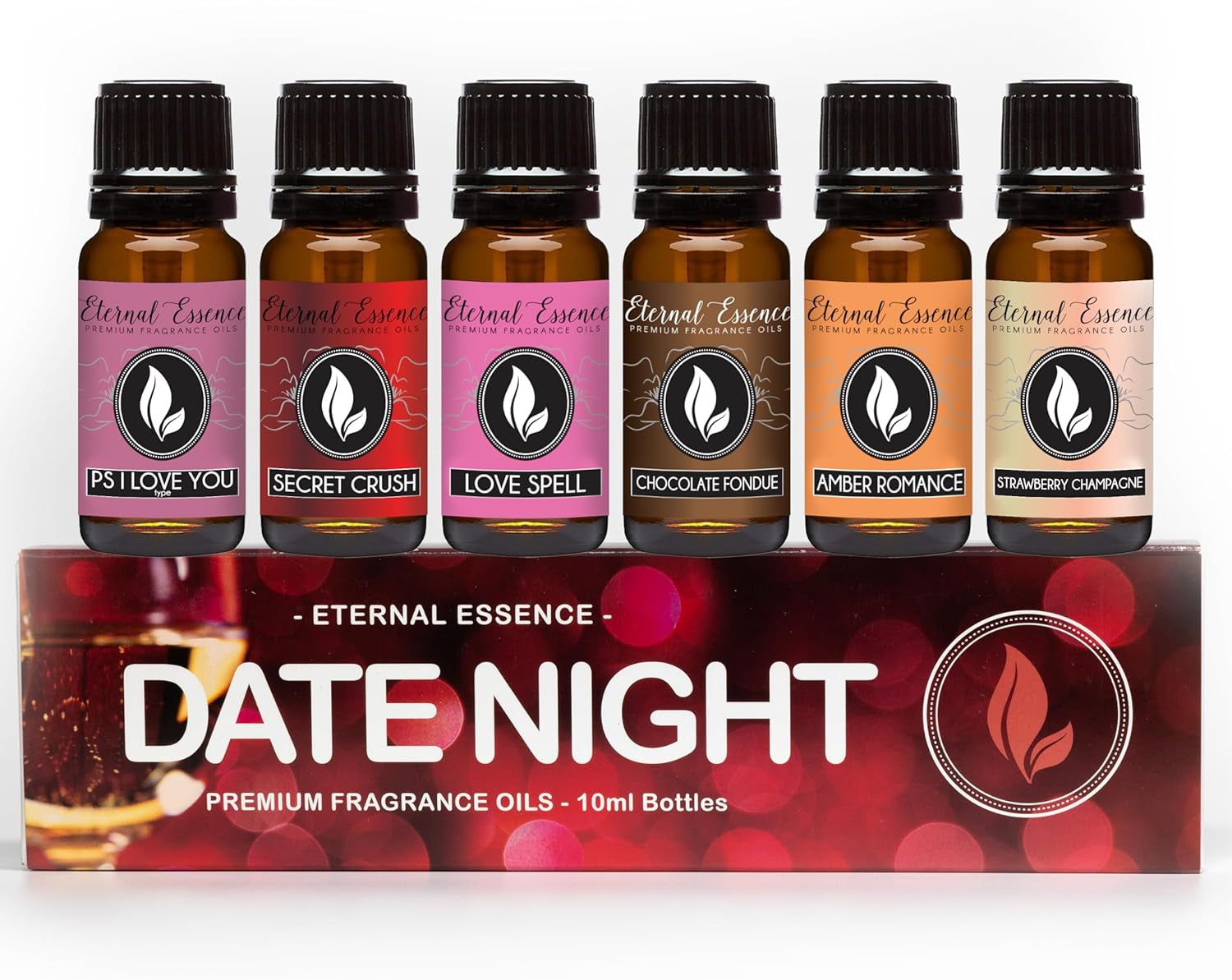 Date Night Set of 6 Premium Fragrance Oils - Includes PS I Love You, Amber Romance, Secret Crush, Chocolate Fondue, Strawberry Champagne, and Love Spell Scented Oils - 10ML