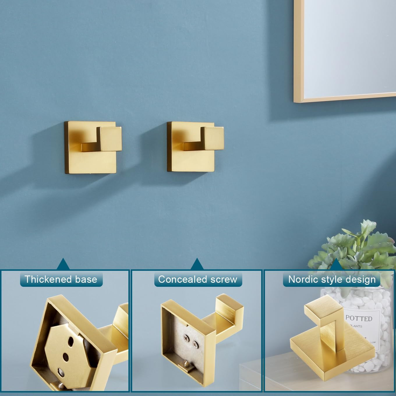 Bath Towel Hook Wall Mount Square, Heavy Duty Wall Mounted, Stainless Steel, Brushed Gold, 