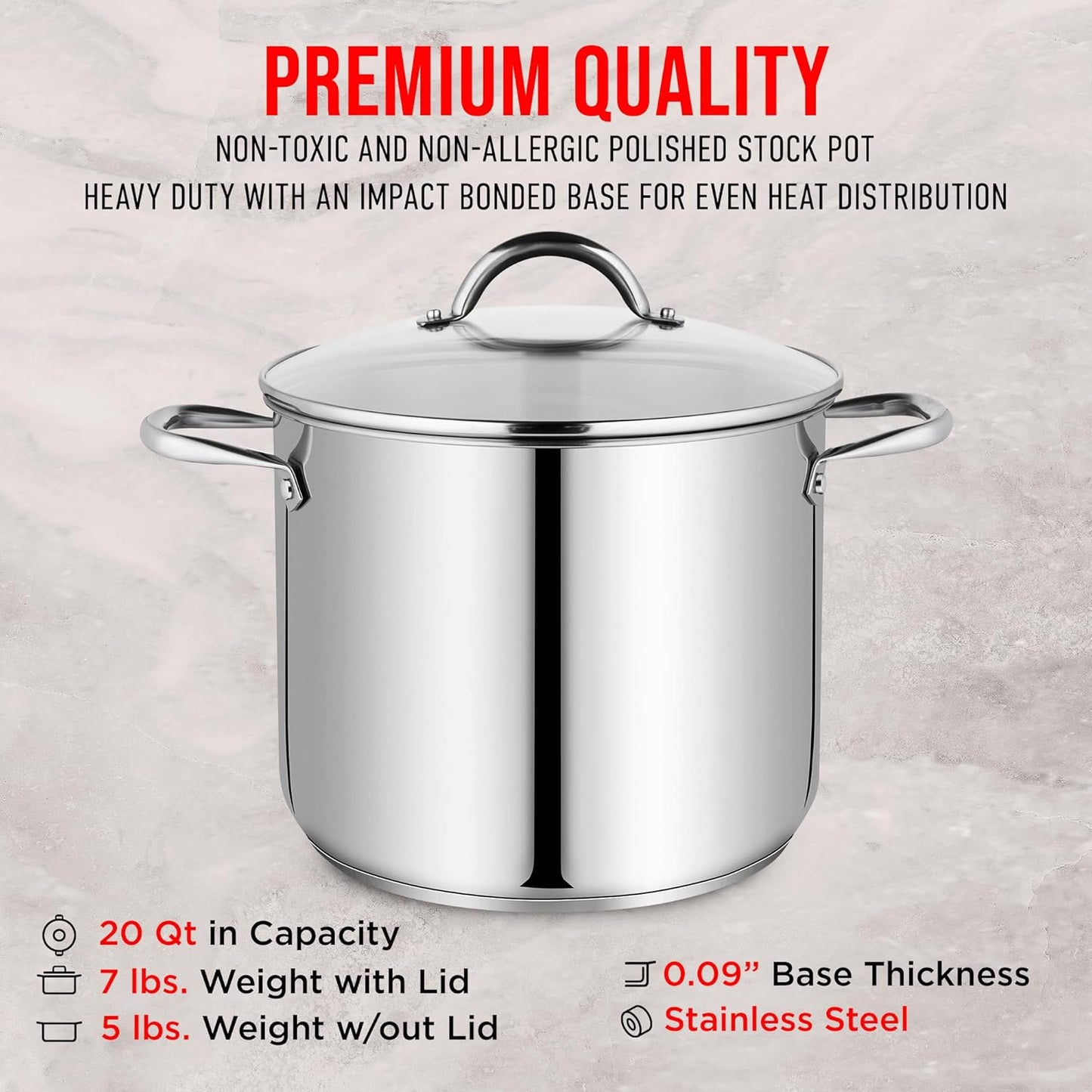 Bakken-Swiss Deluxe 20-Quart Stainless Steel Stockpot W/Tempered Glass See-Through Lid- Heavy-Duty & Food-Grade