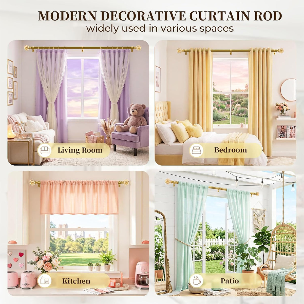 Gold Decorative Crystal Curtain Rods,1" Heavy Duty Adjustable 66-120"