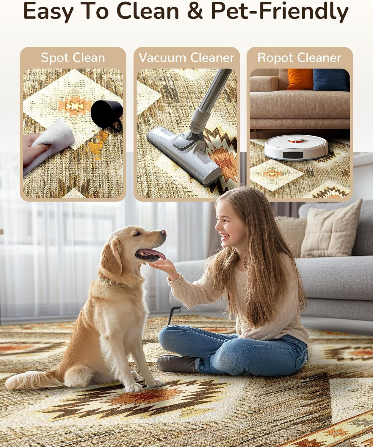 Area Rug 5X7 Machine Washable Non-Slip Print Pattern Western Rug -Cream/Camel