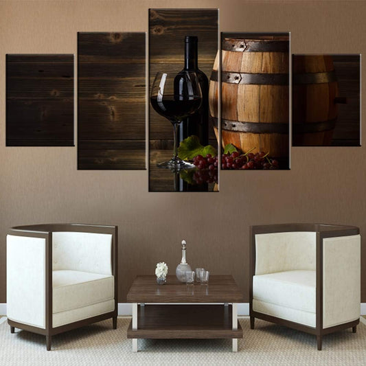 Black and White Wall Decor, Wineglass Paintings Red Wine Bottle, Wooden Barrel Pictures, Multi Piece Prints Framed (60''Wx32''H)