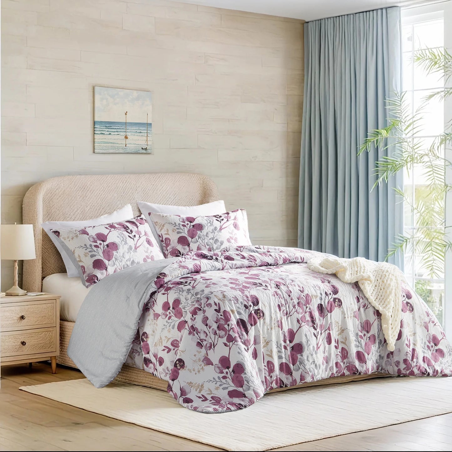 Full/Queen Comforter Sets, Reversible Seersucker Floral Bedding Sets, 3 Piece Lightweight Purple Botanical Flowers Comforter Bed Set