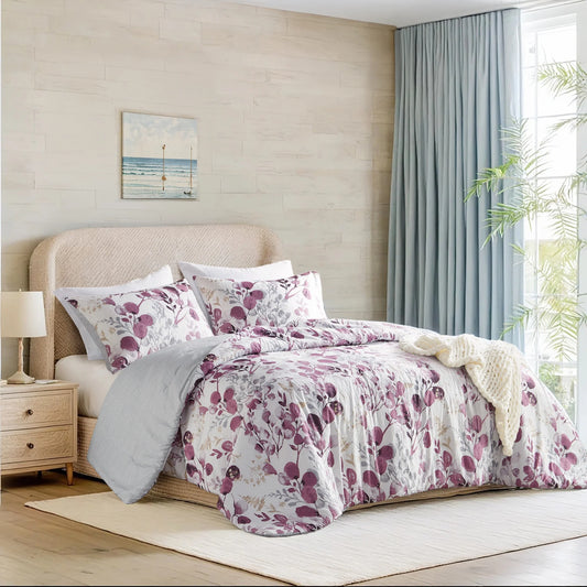 Full/Queen Comforter Sets, Reversible Seersucker Floral Bedding Sets, 3 Piece Lightweight Purple Botanical Flowers Comforter Bed Set