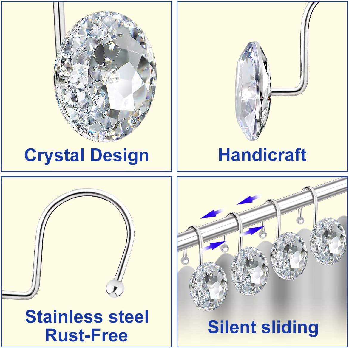 12PCS Shower Curtain Hooks Rings for Bathroom, Stainless Steel Rust Resistant Decorative Rhinestones 