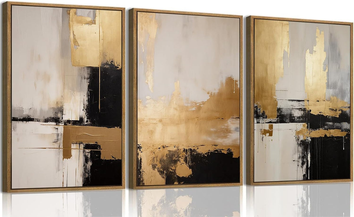 3 Piece Framed Wall Art Abstract Wall Decor Black Gold Pictures Modern Minimalist Canvas Art Large Luxury Paintings Artwork for Living Room Bedroom Office