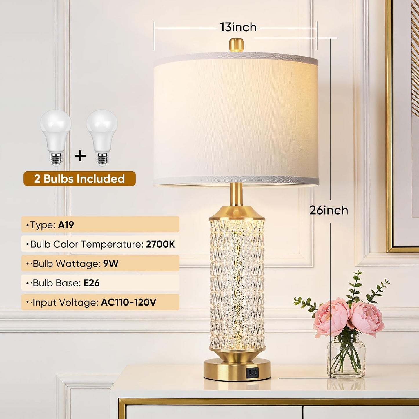 Glass Table Lamps Set of 2, Modern Gold Lamps, Two 2700K LED Bulbs, High-Transparency Glass Body