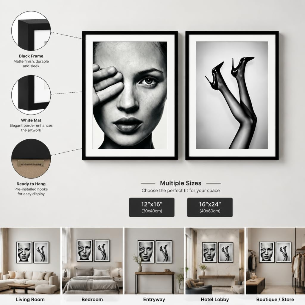 Set of 2 Framed Fashion Wall Art Canvas Prints Black and White 12X16 Inch