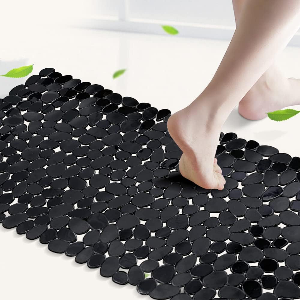 Non-Slip Pebble Bathtub Mat Black 16 W X 35 L Inches (For Smooth/Non-Textured Tubs Only) Safe Shower Mat with Drain Holes, Suction Cups for Bathroom