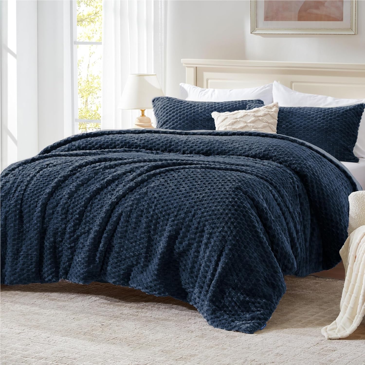 Fluffy Twin Comforter Set - Fleece Soft Comforter 2 Pieces, Navy Blue