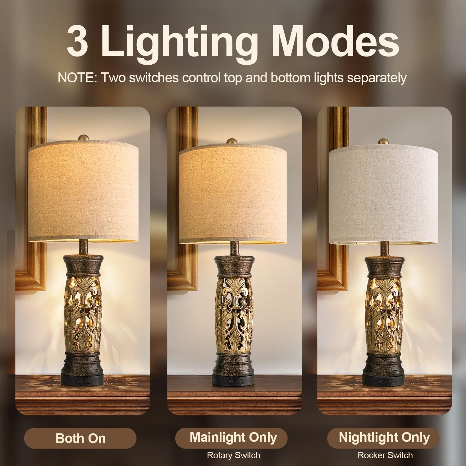 27.25” Antique Gold Table Lamps Set of 2 – Farmhouse Bedside Lamps with Night Light, Vintage Lamps (Bulbs Included)