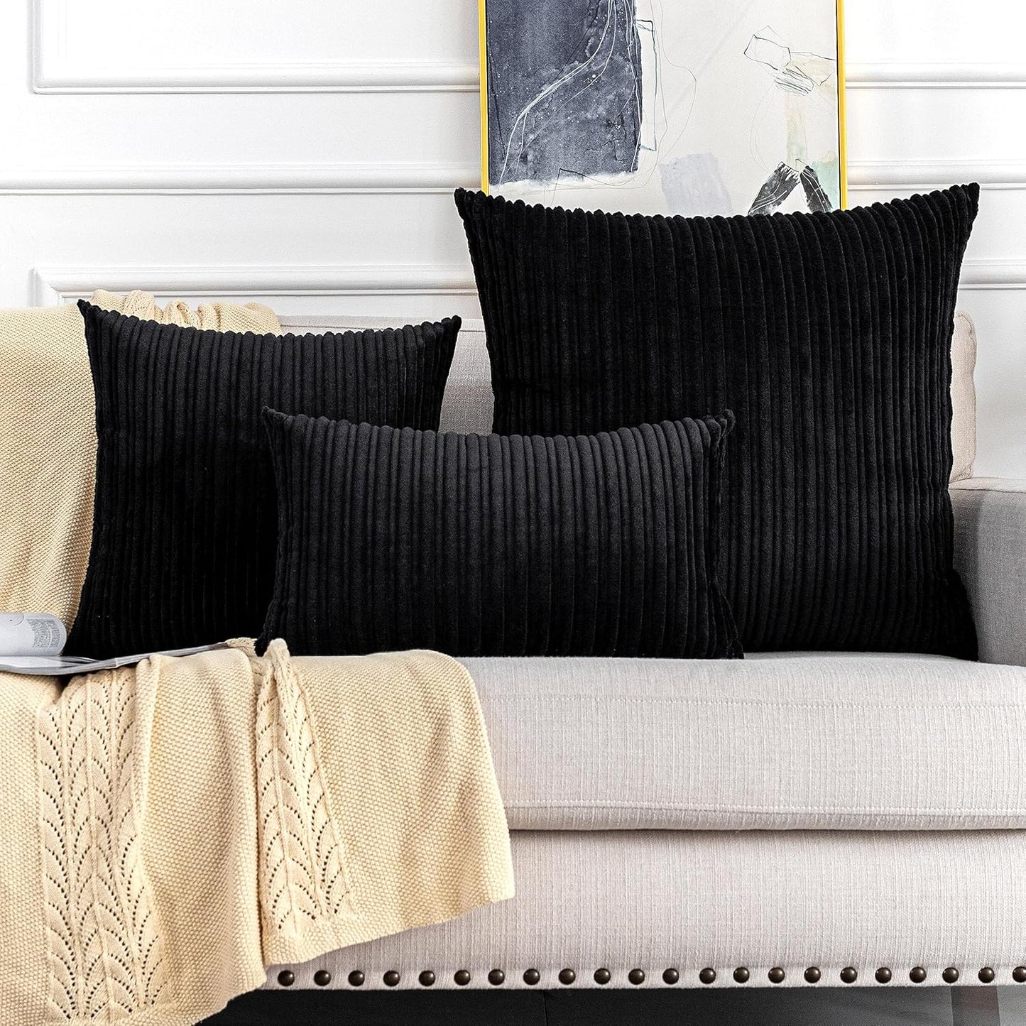 UGASA Velvet Lumbar Throw Pillow Cover, Both Sides Corduroy Striped Soft Solid, 12X20 Inch, Black